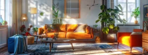 vibrant, modern living room with sleek furniture and bright decor next to a dated, cluttered space with old-fashioned furnishings and worn carpet.