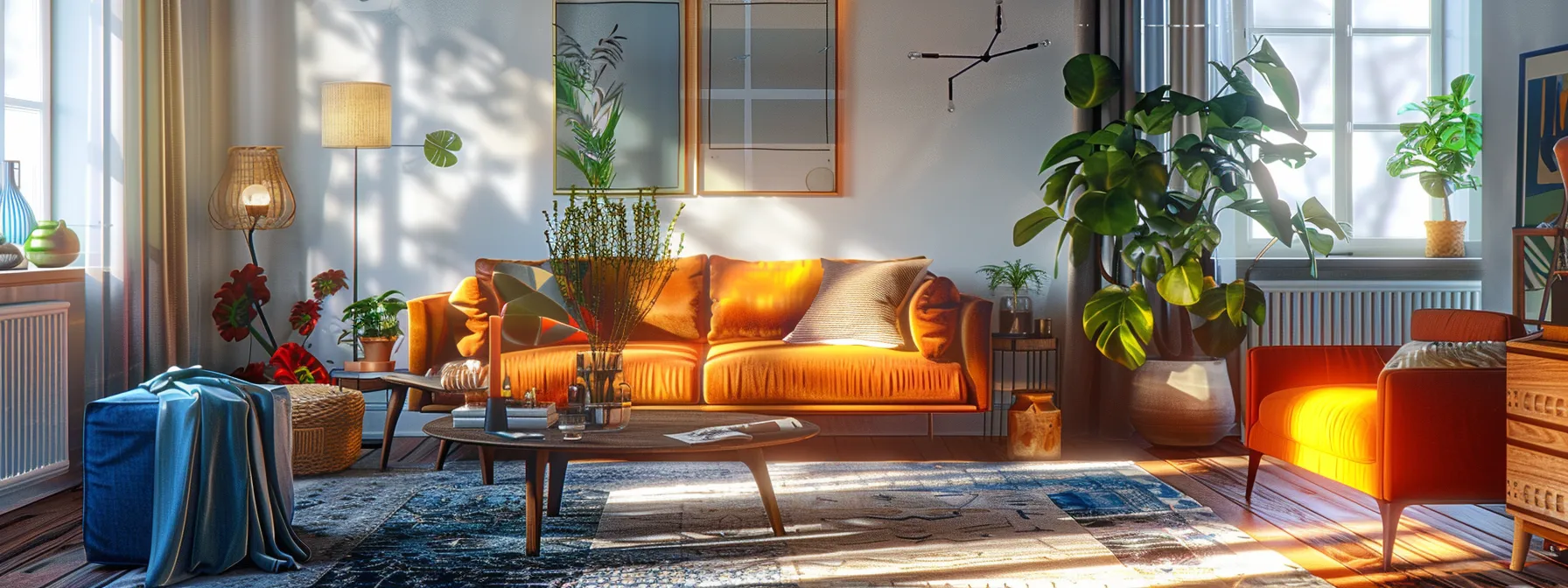 vibrant, modern living room with sleek furniture and bright decor next to a dated, cluttered space with old-fashioned furnishings and worn carpet.