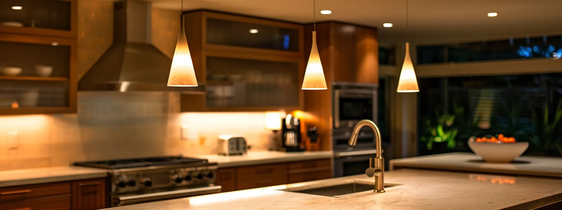 a sleek, modern kitchen with stainless steel appliances and marble countertops gleaming under the soft glow of pendant lights.