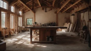 a dusty room with exposed beams and scattered tools, showcasing the transformation from old to new in a home renovation project.