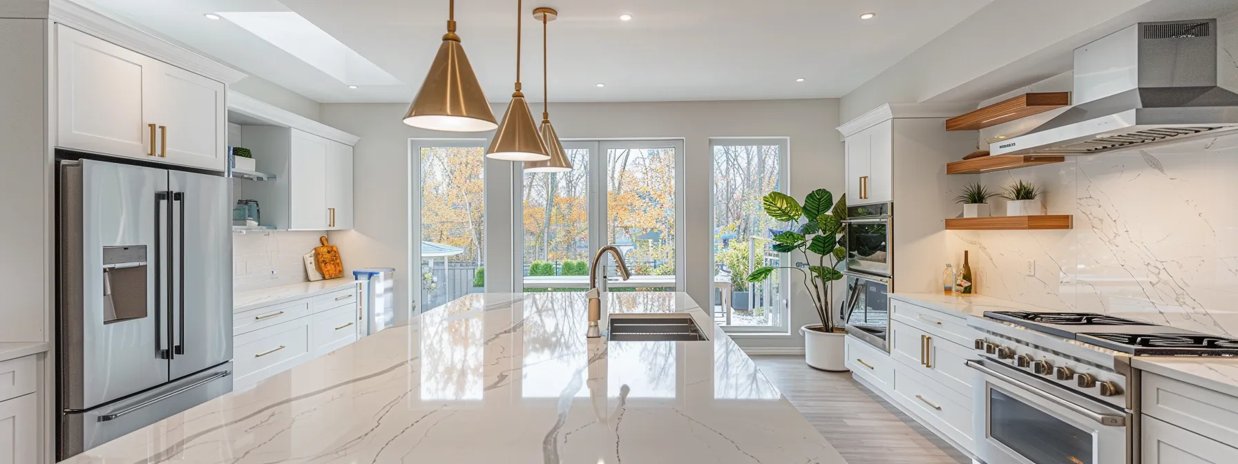 a bright, spacious kitchen undergoing a modern home renovation with sleek marble countertops and shiny stainless steel appliances.